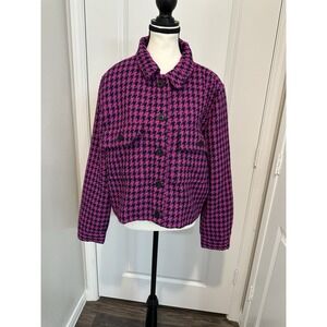 LOFT Pink Black Houndstooth Boucle‎ Cropped Jacket Shacket Coat L Fall Layering